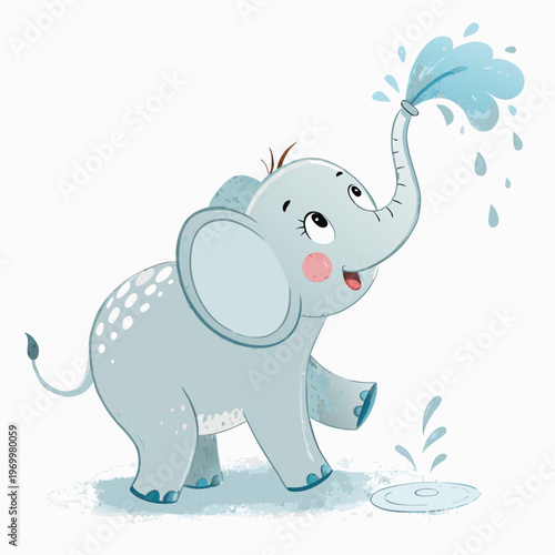 A cheerful cartoon elephant calf playing with water. This playful illustration uses soft pastel colors and rounded shapes, making it ideal for nursery decor and children's products.