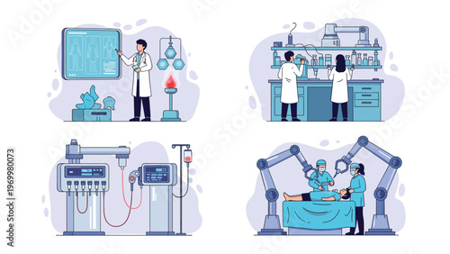 Scientific and medical research scenes showing laboratory experiments and robotic surgery procedures in a modern healthcare facility.