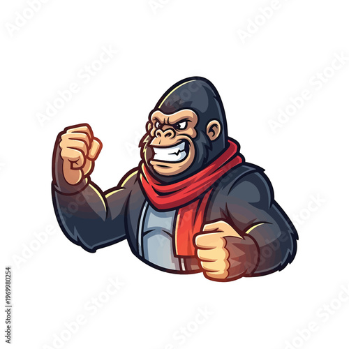 Aggressive cartoon gorilla with red scarf and fists raised