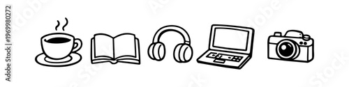 Black and white hand-drawn doodle icons of a coffee cup, open book, headphones, laptop, and camera. Minimalist sketch vector set representing lifestyle, work, and creative hobbies.