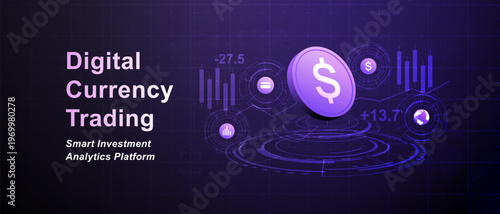 Fintech Dollar Coin Trading HUD Finance Purple Background