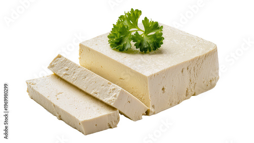 Obraz na plátne Creamy tofu blocks stacked, topped with vibrant green parsley sprig