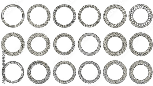 Extensive collection of circular braided rope frames and woven cord borders in various styles for decorative design projects.
