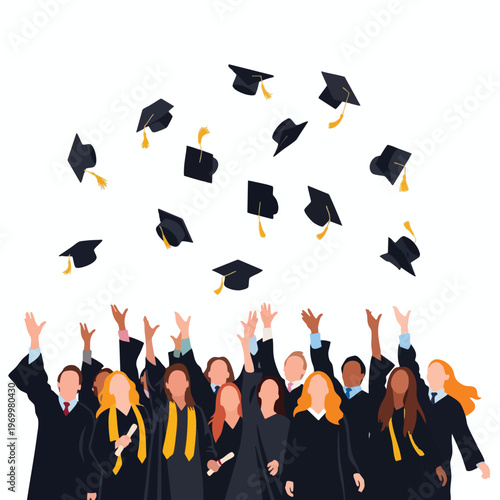 Diverse graduates in caps and gowns toss graduation hats into the air
