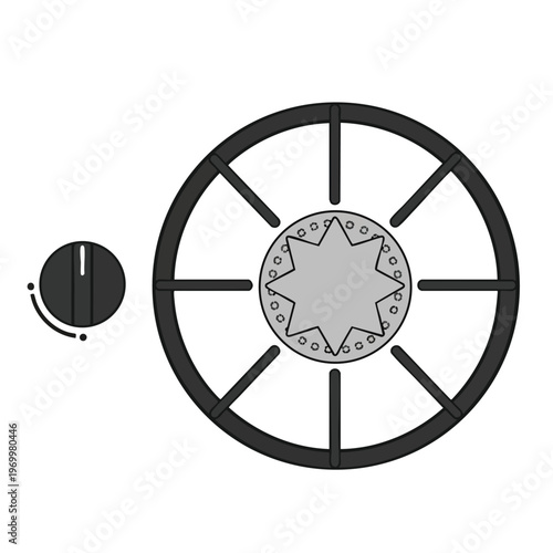 Flat design, top-down view of a stove burner and knob