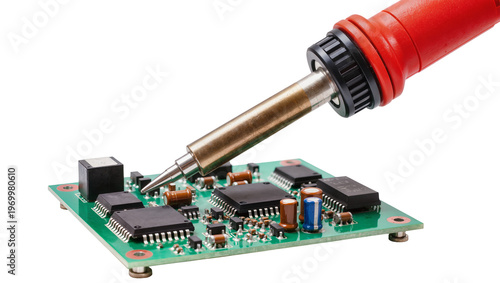 Konstfotografi Red soldering iron tip melting solder on green printed circuit board, electronic