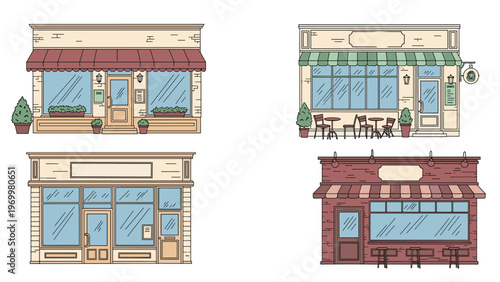 Collection of charming shop facades featuring colorful awnings, large windows, and inviting outdoor cafe seating arrangements.