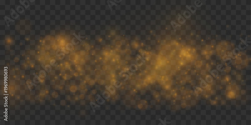 Radiant golden dust shines with bright glitter particles. Soft glow creates elegant motion effect. Perfect design element for luxury backgrounds and banners. Vector