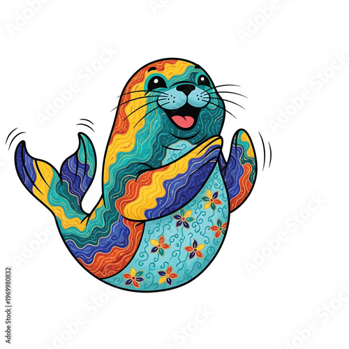 Colorful seal illustration with wavy rainbow fur and floral belly
