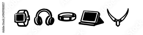 Hand-drawn black and white icon set of personal gadgets and accessories including a smartwatch, headphones, fitness tracker, tablet, and necklace pendant. Minimalist doodle style illustration.