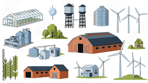 Set of agricultural and industrial structures including barns, silos, greenhouses, factories, and renewable energy wind turbines.