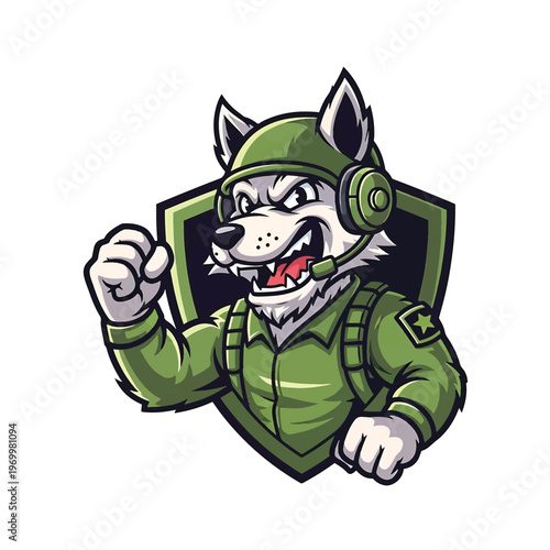 Aggressive Wolf mascot in military green uniform with headset