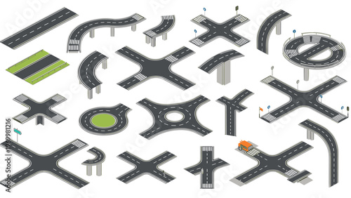 Comprehensive collection of isometric road segments featuring bridges, intersections, roundabouts, and highway turns for city planning.