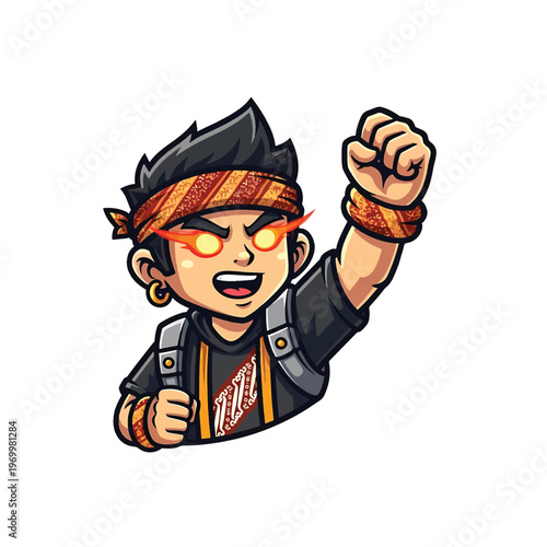 Energetic cartoon rebel with headband and glowing eyes raising fist