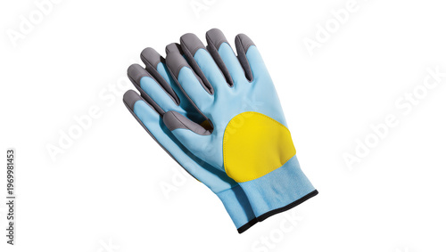 Tableau sur toile Blue work gloves with yellow patch, resting on a surface
