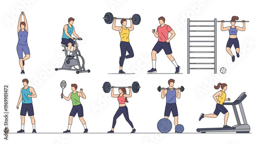 Collection of people engaged in diverse fitness activities including weightlifting, running, cycling, yoga, and team sports for health.