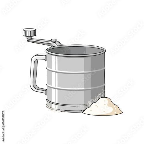 Silver flour sifter with handle and crank beside a pile of sifted powder