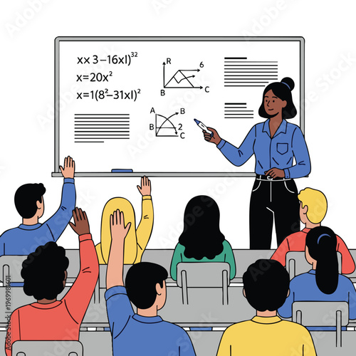 A teacher explains math equations and graphs on a whiteboard to students raising their hands
