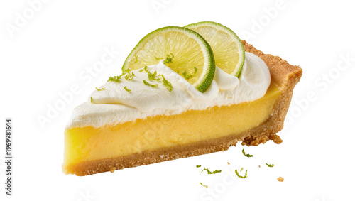 Foto Key Lime Pie slice creamy filling topped with whipped cream, fresh lime slices