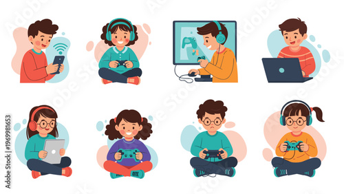 Group of children using different modern digital technology devices including tablets, smartphones, laptops, and video game consoles.