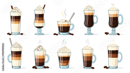 Assortment of gourmet coffee beverages in various glass mugs featuring layers of espresso, milk, foam, and chocolate toppings.