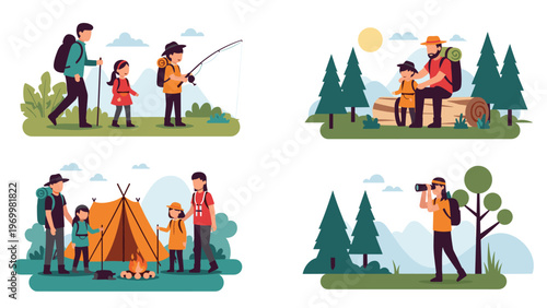 Outdoor adventure scenes featuring families and groups engaged in hiking, fishing, camping, and nature observation in the mountains.