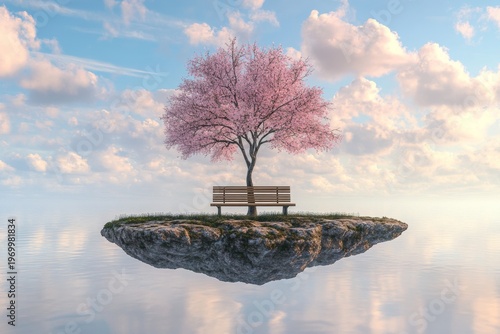 Floating island with pink blossom tree and bench in tranquil sky