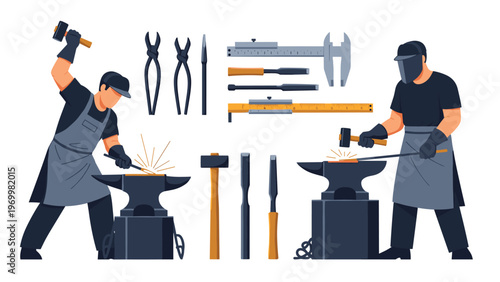 Skilled blacksmiths working at traditional anvils using hammers and specialized forging tools to shape red hot metal.