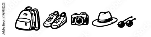 Hand-drawn travel essentials icons including a backpack, sneakers, camera, hat, and sunglasses. Minimalist black and white doodle style vector illustration set on a white background.