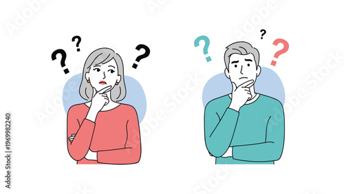 Confused man and woman looking thoughtful and puzzled with several question marks appearing above their heads.