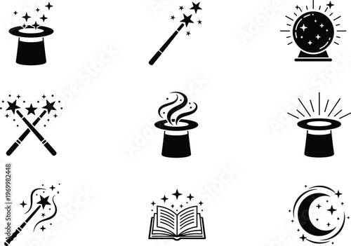 Magic set with wizard hat wand crystal ball spell book and moon icons isolated on white background for design.