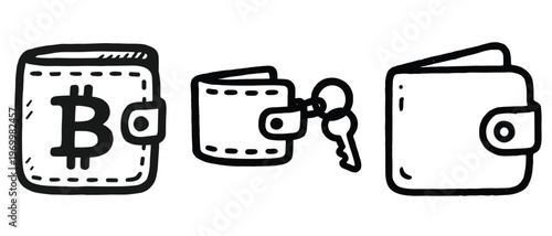 Hand drawn bitcoin wallet keys and leather wallet