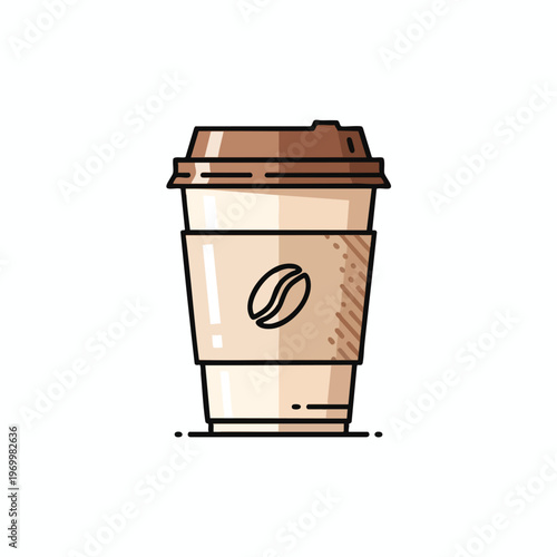 A stylized drawing of a takeaway coffee cup with a coffee bean logo on a sleeve
