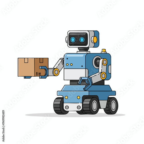 A blue wheeled robot holds a brown package with 'up' arrows on it