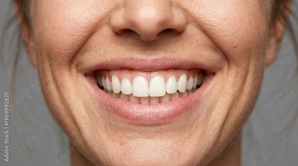 Fototapeta premium Dental, smile or woman in studio with mouth, closeup or tooth wellness in orthodontics. Happiness, veneers and person on white background with hygiene, teeth whitening and dentistry in oral health.