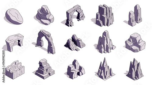 Collection of fifteen isometric rock formations and stone structures including arches, pillars, cliffs, and boulders for environment design.