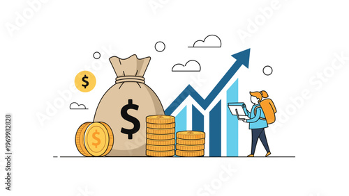 Student walking with books and backpack next to large money bag and rising financial chart for education investment.