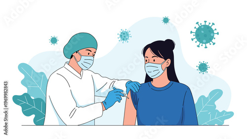 Doctor in medical protective gear giving vaccine injection to a woman patient to protect against virus and disease.