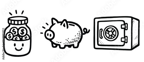 Money jar piggy bank and safe black line icons