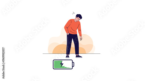 Sad man standing with head down next to empty battery symbol representing burnout and lack of mental or physical energy.