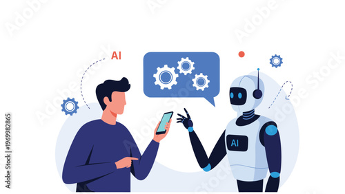 Man talking to advanced AI robot using smartphone for smart digital assistance and future technology interaction.