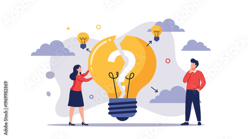 Man and woman trying to fix large broken light bulb with question mark symbol to find creative solutions and ideas.