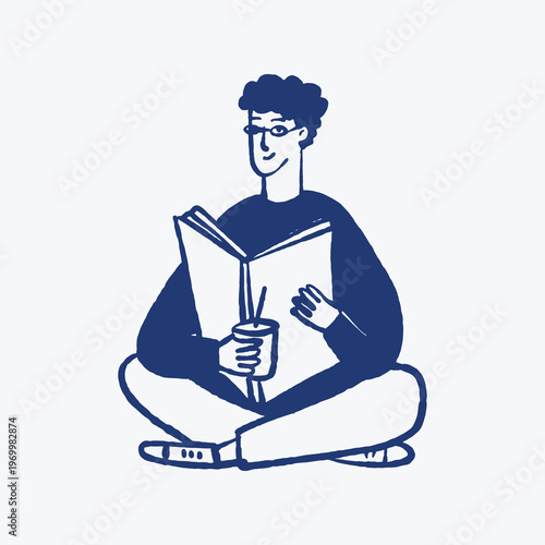 Illustration of a person reading a book and drinking coffee