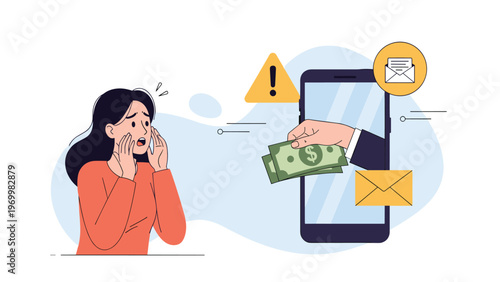 Shocked woman looking at a hand reaching out of a smartphone screen holding money bills as a representation of online fraud or scams.