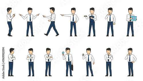 Set of fourteen businessman character poses showing various actions such as walking, pointing, thinking, and holding a document folder.
