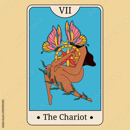 Tarot Card The Chariot with Feminine Figure and Butterflies