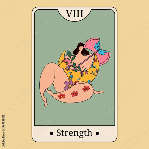 Tarot Card Strength with Woman and Floral Elements