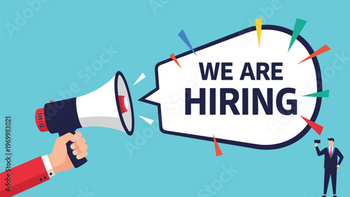 Large megaphone held by a hand announcing we are hiring in a speech bubble while a small businessman looks on in curiosity.