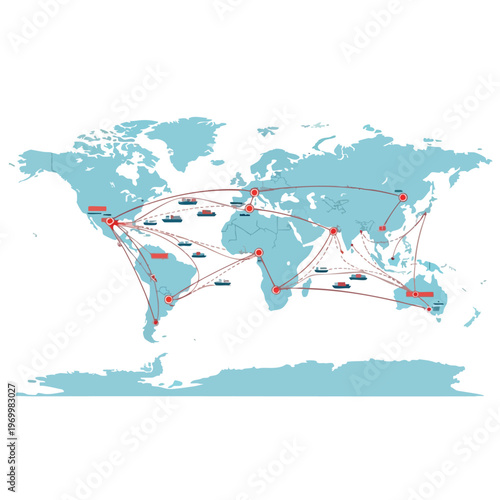 World map showing global shipping routes and cargo vessels connecting continents