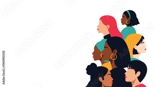 Side view portraits of several diverse women with different hairstyles and skin tones representing female unity and empowerment.